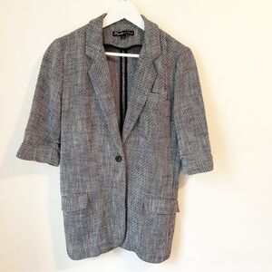 Elizabeth and James One Button Ruched 1/2 Sleeve Navy Tweed Blazer - Size 4